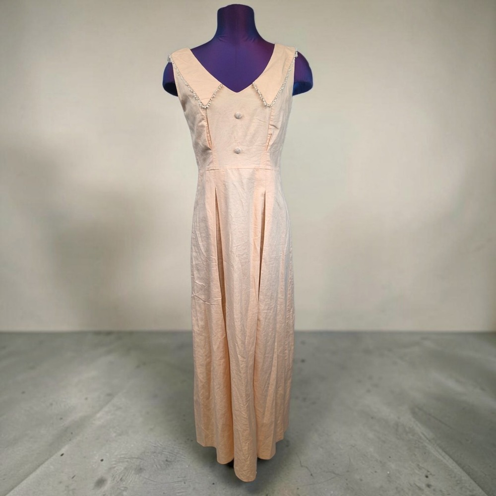 Newfield Peach Linen Sleeveless Maxi Dress V-Neck Size 6 Vintage 50s Style
